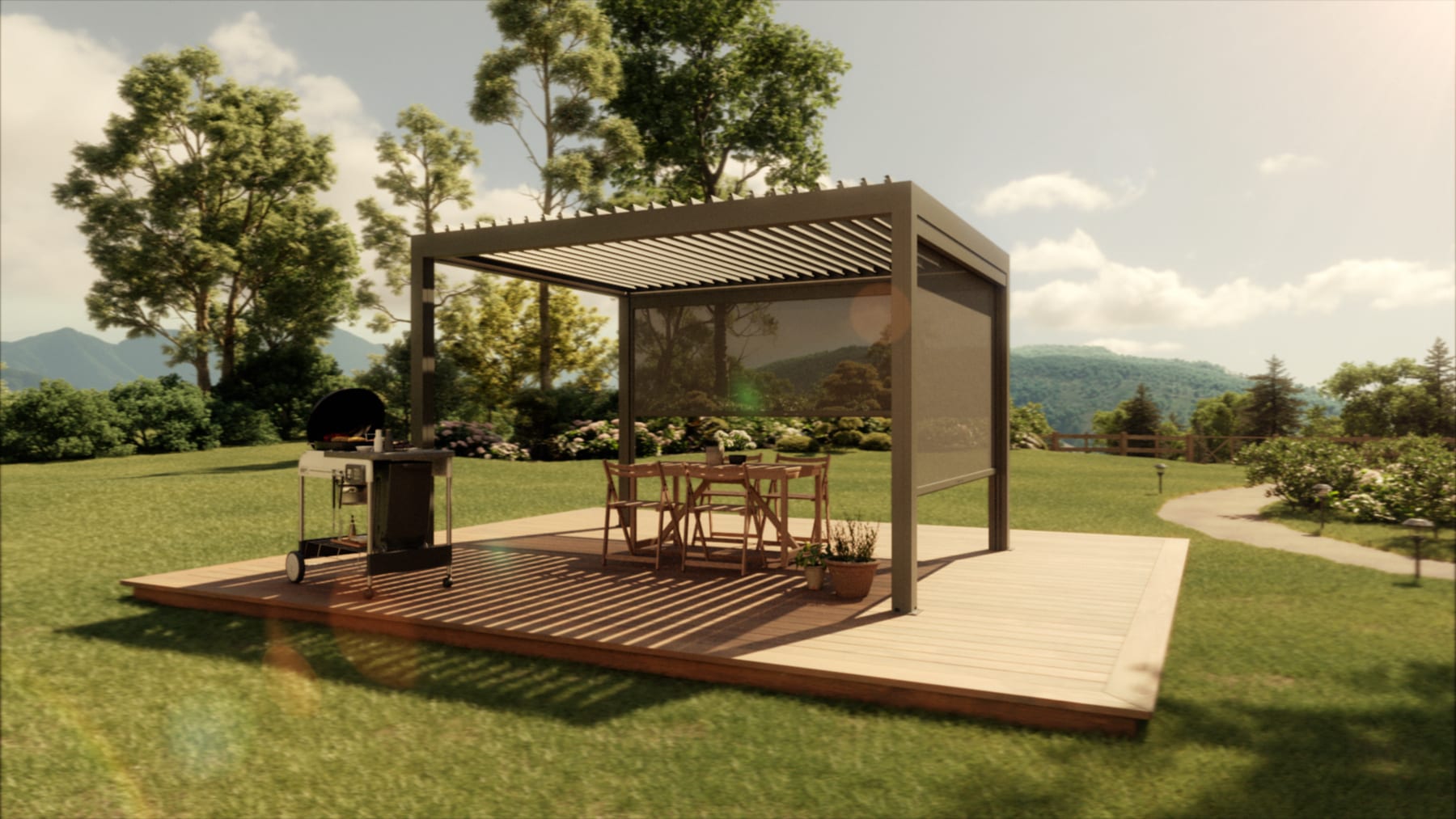 PERGOLUX Custom Design pergola fitted to an irregularly shaped UK garden with a non-standard wall-mount configuration and bespoke span