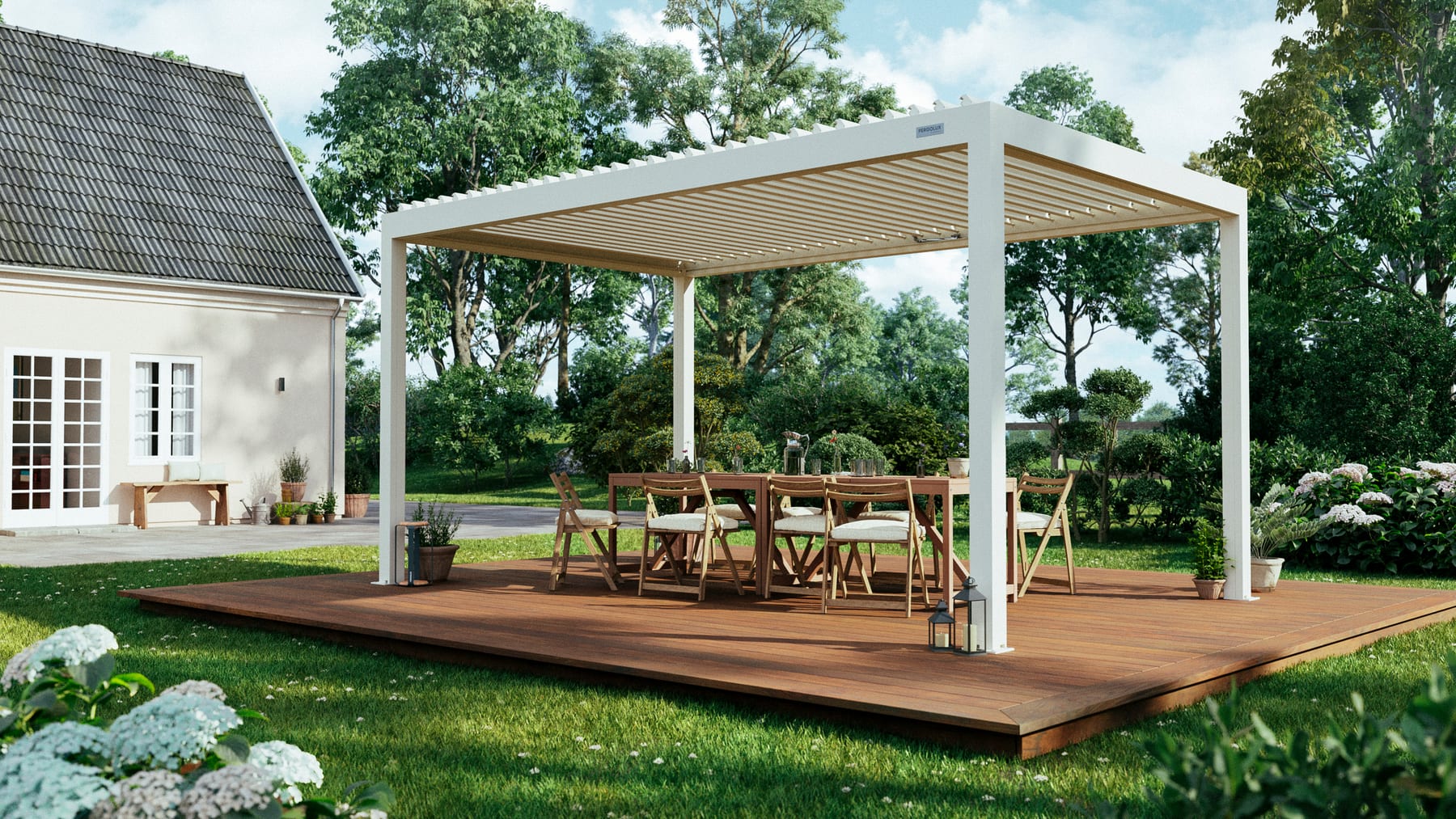 Side-by-side comparison of a 3x3 metre Pergola 4 on a small terrace garden and a 6-metre Pergola 4 Pro Max over a wide entertaining patio