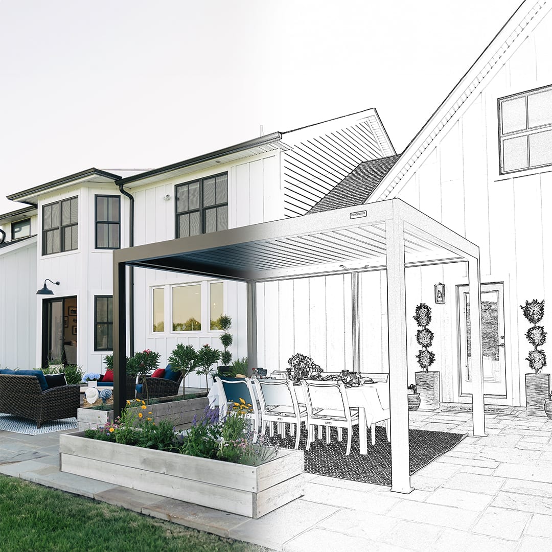 Schéma simplifié plan de terrasse avec cotations et emplacement des poteaux d'une Pergola 4 Pro en 4 × 3 m
