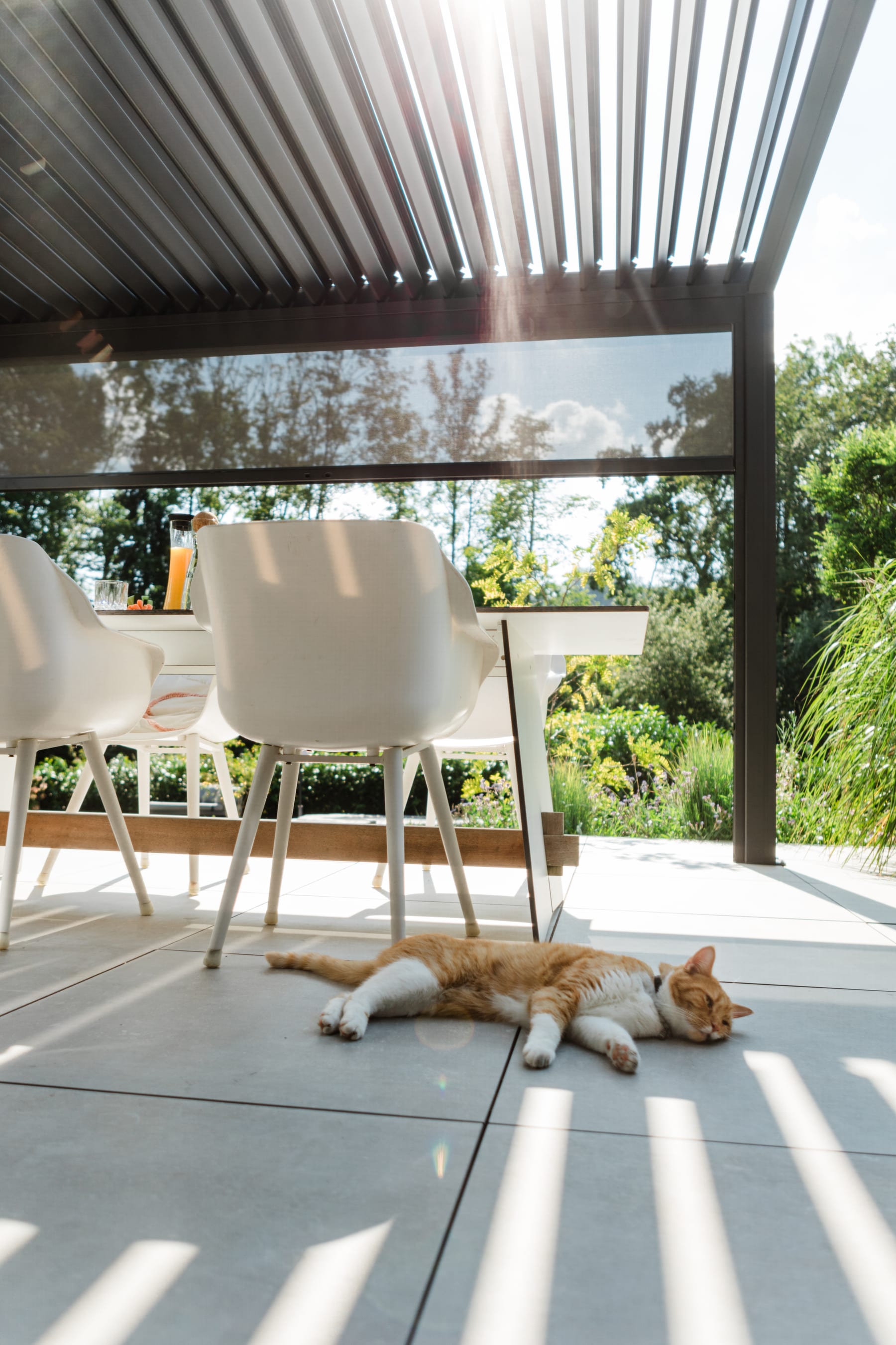 Tabby cat sleeping on a shaded tiled patio under an anthracite louvered pergola with white dining chairs and garden view.