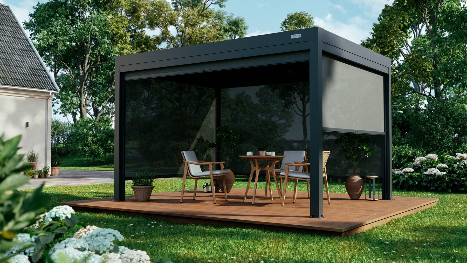 Pergola 4 Pro fitted with glass walls and retractable screens in a UK garden, showing a fully enclosed four-season outdoor room